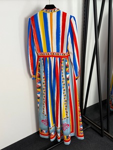 Nuovo abito da <span class=keywords><strong>donna</strong></span> a maniche lunghe con colletto di diamanti a righe Color-Block stampato stringe vita - Product Image 5