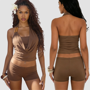 Beaded Draped Neck Halter Top Camisole Shorts Solid Color Casual <b>Set</b> Hot Girl Sexy Retro Two Piece Outfit for Woman - Product Image 1