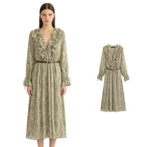 Robe mi-longue à manches longues en mousseline de soie à fleurs vintage pour femmes, col en V - Product Image 1