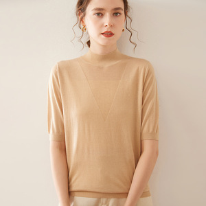 Maglione Estivo a Collo Alto e Maniche Corte, in <span class=keywords><strong>Maglia</strong></span> Sottile di <span class=keywords><strong>Seta</strong></span>, Top in Cashmere da <span class=keywords><strong>Donna</strong></span>, Pullover in Cashmere Semplice con Logo Personalizzato - Product Image 1