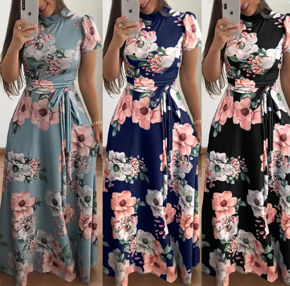 D & M Penjualan Terbaik Gaun Wanita Ukuran Plus Kasual Pakaian Wanita Besar Gemuk Lengan Panjang Vestidos Berlipat Motif Bunga Musim Panas