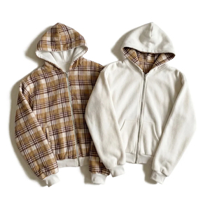 Sudadera con capucha reversible personalizada con cremallera, beige a cuadros, bordeaux, forro polar de doble cara, cremallera completa, bolsillo canguro, estilo casual urbano, venta al por mayor - Product Image 1