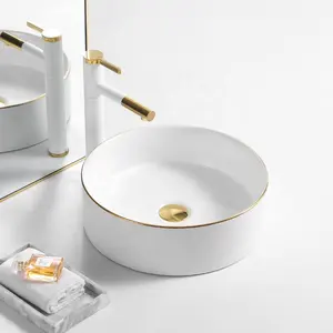 Lavabo de línea de cerámica para baño, lavabos dorados de lujo, lavabos de champú montados, modernos