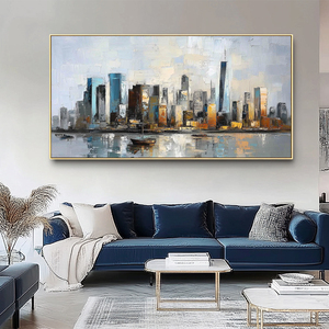 Trang trí nội thất Kết cấu vải xây dựng cảnh quan hiện đại sơn dầu thủ công đô thị ngang màu xanh trừu tượng tường nghệ thuật - Product Image 2