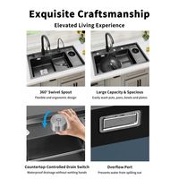 Évier de cuisine double moderne fait main en acier inoxydable 304 noir nano avec robinet intelligent multifonction - Grande Vente