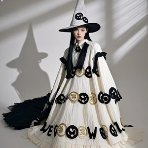 Mignon Sexy Sorcière Magique Chapeau Halloween Costume Noir Blanc Cosplay Uniforme avec Cape Robes pour la Décoration de Vacances de Noël - Product Image 1
