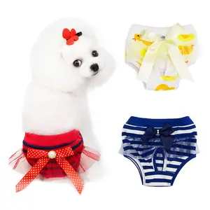 Nữ chó vệ sinh Thời gian đồ lót Bowknot ren Pet quần-xl kích thước dễ thương mùa hè phong cách bông sọc mô hình lớp phủ kỹ thuật