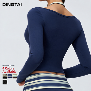 Top de yoga de manga larga <span class=keywords><strong>con</strong></span> cuello halter y estampado de lunares y rayas para <span class=keywords><strong>mujer</strong></span>, efecto dos piezas, <span class=keywords><strong>con</strong></span> sujetador incorporado acolchado y cintura ajustable, para actividades al aire libre. - Product Image 2