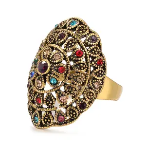 VRIUA Hot Luxury Big Stone Ring Vintage Crystal Antique Rings For Women Gold Color Party Christmas Gift Turkish Jewelry