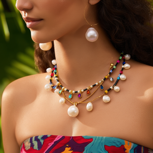 Collier de mode perlé en acier inoxydable 316L plaqué or PVD, perles multicolores durables et résistantes, breloque goutte d'eau - Product Image 3