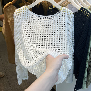 Nouveau haut décontracté pour <span class=keywords><strong>femme</strong></span>, style européen, en maille fine, protection solaire, manches longues, tricoté ajouré, pour l'été - Product Image 1