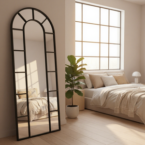 <span class=keywords><strong>Miroir</strong></span> sur pied arqué moderne en verre fait main noir et <span class=keywords><strong>blanc</strong></span> 61x161cm, <span class=keywords><strong>miroir</strong></span> décoratif sur pied avec cadre métallique pour la décoration - Product Image 1