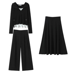 Conjunto de Dos Piezas con Capucha y Cierre, Estilo Casual Minimalista para Mujer, Talla Grande, Color Negro Sólido, Fibra Modal, con Etiqueta N9490 - Product Image 1