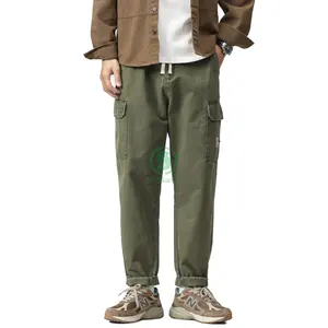 Erkek moda kargo pantolon özel Slim Fit katı renkler vurgulamak lüks orta bel rahat tarzı pamuk kumaş cepler