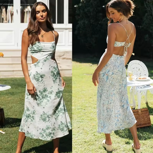 Women's Vintage <strong>Floral</strong> Maxi Dress Bohemian High Split Sling Casual Sexy Style Natural Breathable Fabric Summer Beach Wear - Product Image 5