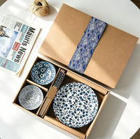 Ensemble de vaisselle en céramique, bols et assiettes ronds rétro en céramique, porcelaine bleue et blanche, emballage en boîte cadeau, vente en gros