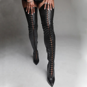 Large Size 47 Hollow Out Skintight <b>High</b> Heel PU Upper Women Over <b>Knee</b> <b>High</b> Boot Side Zip Pointed Toe Thigh <b>High</b> for Women - Product Image 3