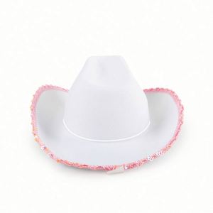 Sombrero de Vaquero Blanco con Lentejuelas Rosas en Forma de Estrella, Correa Ajustable para el Cuello, Accesorio de Disfraz Unisex para Fiestas Temáticas - Product Image 6