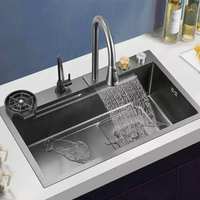 Évier de cuisine cascade de style moderne, multifonctionnel, en acier inoxydable, avec lave-gobelets haute pression