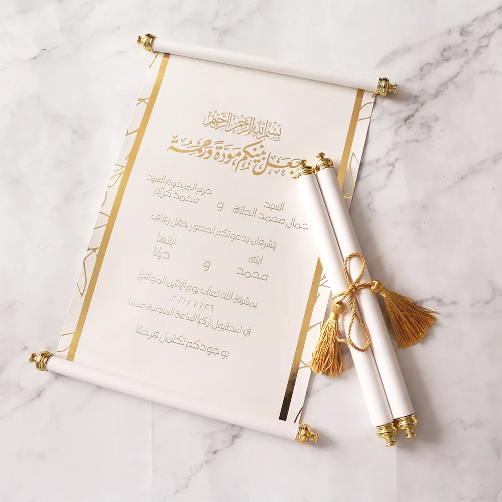 Unieke Koninklijke Scroll Uitnodigingen Hot Stamping Goudfolie Luxe Handgemaakte Bruiloft Scroll Uitnodigingskaarten