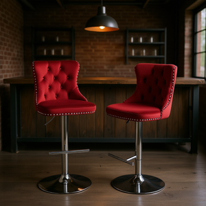 Tabourets de bar en velours, hauteur réglable, base chromée, dossier capitonné, mobilier de bar style farmhouse - Product Image 2