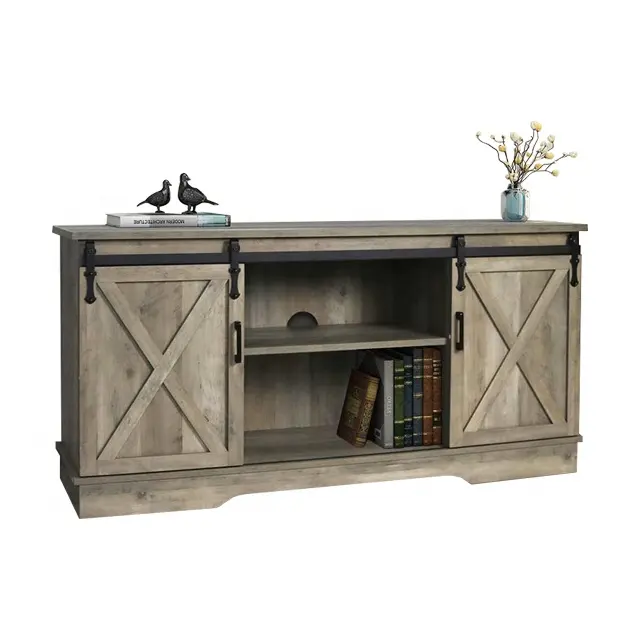 Farmhouse Style Wooden Storage TV Console Stand Cabinets TV Table With Double Sliding Barn Doors