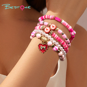 New 5pcs/set Cute Love Dwarf Pink Soft Ceramic Adjustable Beaded <b>Bracelet</b> Set <b>for</b> Women <b>Girls</b> Jewelry with Heart <b>Charm</b> - Product Image 5