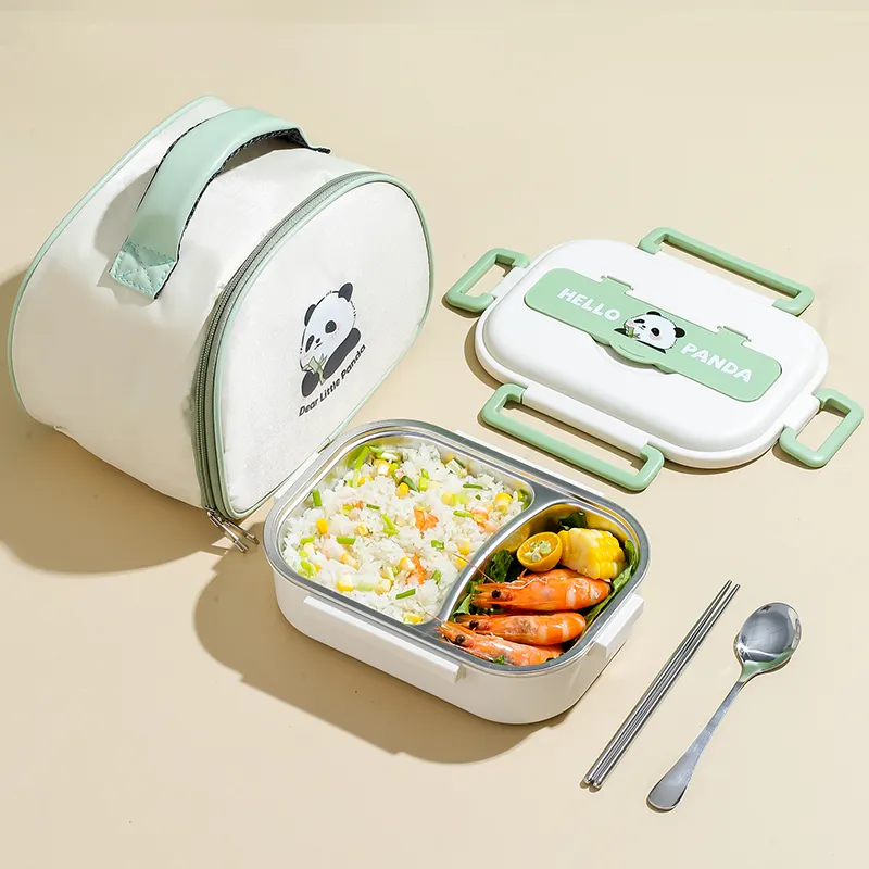 École 2 compartiments récipient alimentaire mignon Panda 304 acier inoxydable métal bento boîte à lunch avec couverts et sac isotherme pour enfant