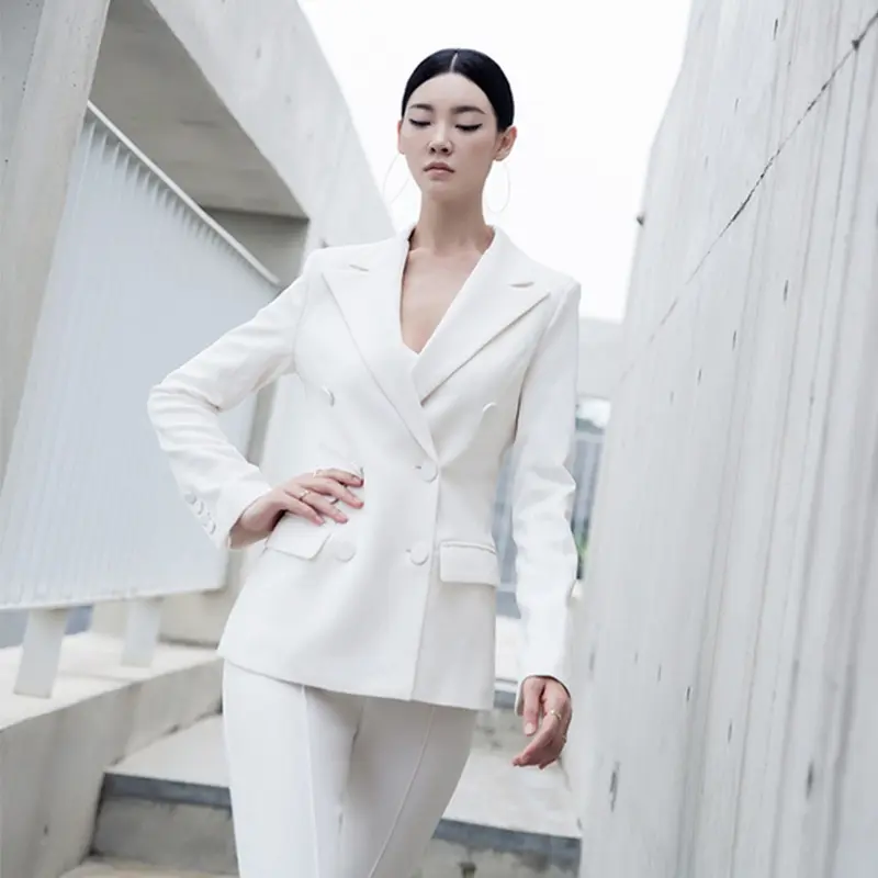 Chaqueta ajustada de manga larga con cuello en V para mujer, traje elegante de moda coreana, color blanco