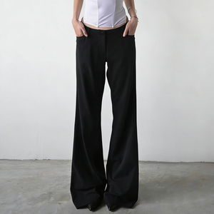 กางเกงสูทผู้หญิงเอวต่ำติดกระดุมด้านหน้า สีพื้น ผ้าทิ้งตัวสวย สไตล์ลำลอง ทรงหลวม แฟชั่นทันสมัย - Product Image 5