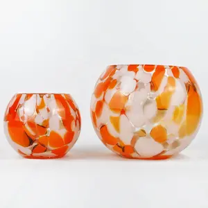 wholesale custom round bowl shaped orange white colored tea light glass hurricane candle holders set