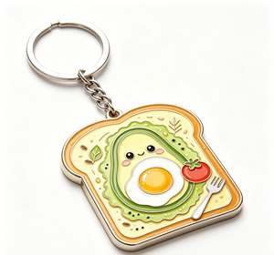 Lindo llavero metálico esmaltado con diseño de aguacate, huevo y tostada, colgante de comida, regalo - Product Image 3