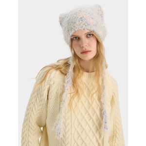 Frauen niedlichen Katzen ohr Strick mütze Winter weiches Garn quadratisches Gesicht abnehmen kalte Kappe bunte Punkt Krawatte stilvolle Bild Stoff - Product Image 3