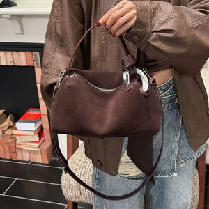 Sac à main tendance 2026, sac fourre-tout décontracté en cuir suédé rouge bordeaux, sac bandoulière pour femme - Product Image 4