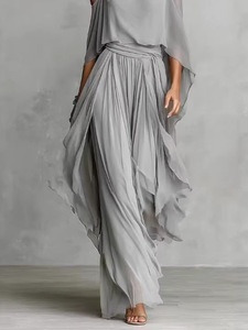 OUDINA New Summer Chiffon Casual Asymmetrical Off Shoulder <strong>Flowy</strong> <strong>Tops</strong> Blouse Women Two Piece Sets Trousers Pants Set - Product Image 5