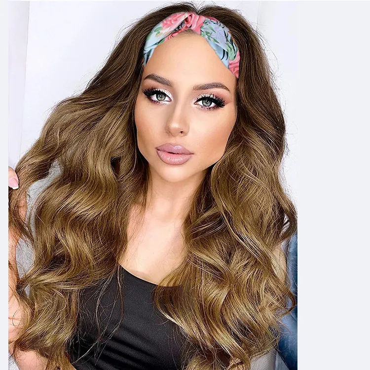 New Fashion Ombre Brown None Replacement Body Wave Heat Resistant Fiber Hair Synthetic Headwraps Hair Wig Headband Wigs