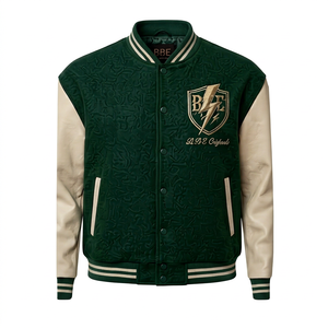 Chaqueta Varsity de Invierno para Hombre BBE, Estilo Preppy, con Mangas de Felpa de Algodón Verde Beige, Diseño en Relieve, Estilo Universitario de Béisbol - Product Image 1
