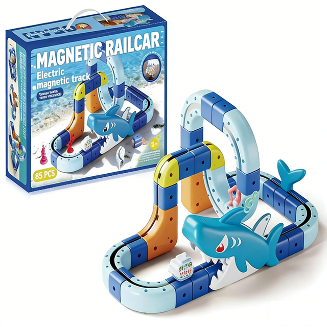 Awesome 85PCS Ocean Shark Magnetic DIY Track Car Set - Electric Train High-Speed Railway Toy for Kids Creative Building
