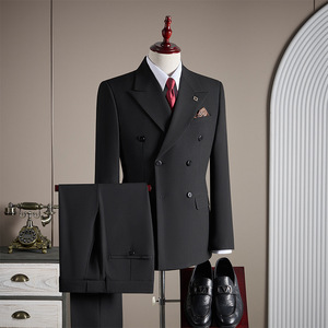 Ensemble de <span class=keywords><strong>costume</strong></span> trois pièces haut de gamme pour <span class=keywords><strong>homme</strong></span>, grande taille, croisé, anti-rétrécissement, col en V, pour mariages et affaires, en tissu peigné à devant plat - Product Image 3