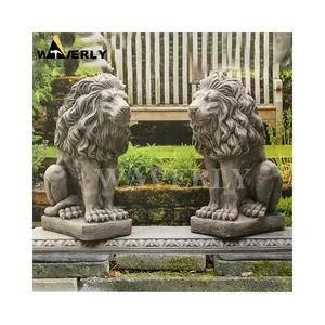 Sculpture Statue Lion's Front Door Natural Marble Marbre Porte Statue De Lions Outdoor Limestone Lion Statues