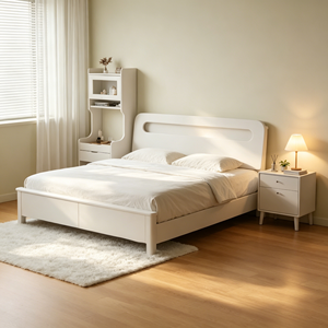 Minimalist White Queen Size Storage Bed <b>Frame</b> with Fabric Upholstery and MDF Panel Design - Product Image 4