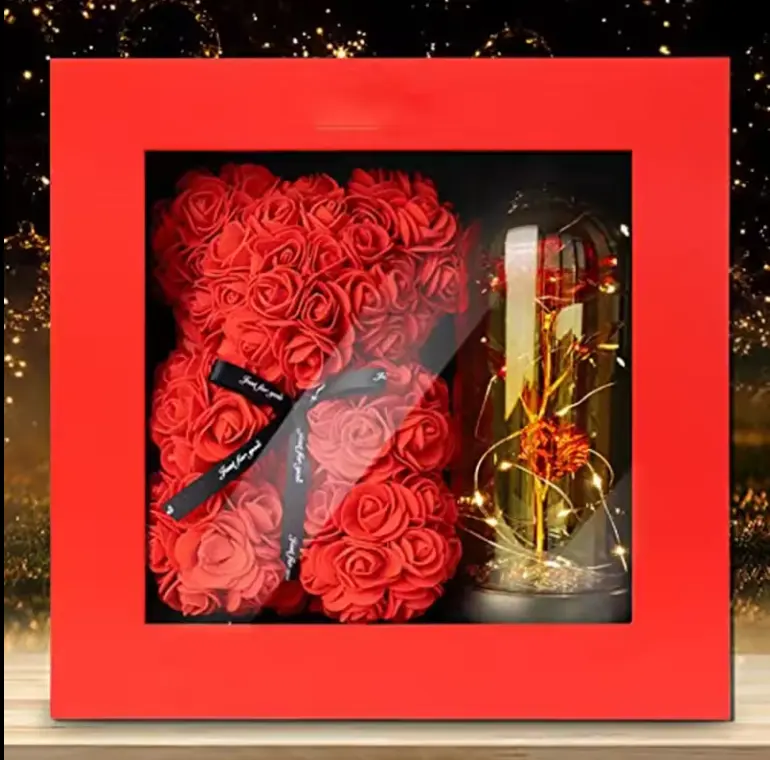 2024 هدية عيد الحب الشهيرة لعيد الأم، مجموعة هدية دب الورد الزجاجي مع بطاقة هدية