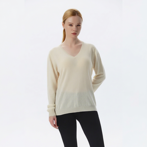 Pull en cachemire 100% pour femmes, col en V, manches longues, pull minimaliste uni, tricoté à la machine, vêtements d'hiver - Product Image 1
