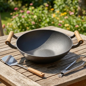 <span class=keywords><strong>Wok</strong></span> Chino Tradicional Antiadherente Ecológico de Hierro Fundido de 32cm Negro con Doble Asa de Madera Precurado para Cocina a Gas e Inducción - Product Image 3