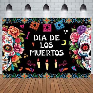 Fondo para Fotografía con Diseño Floral de Azúcar para el Día de los Muertos, Decoración para Fiesta Mexicana del Día de Muertos, Pancarta Personalizable - Product Image 1