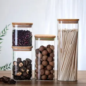 Food Storage Container With High Borosilicate Glass Storage Jar And Bamboo And Wood Lid Organizer Food Sealed Jar