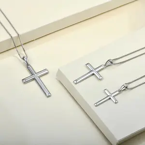 Grosir perhiasan halus kustom kalung Kristen kotak rantai untuk pria wanita 925 perak murni kalung liontin salib Retro