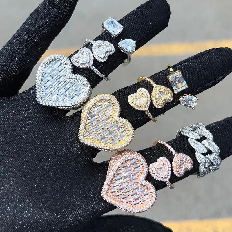 Iced Out Bling Rings Charm Luxury Jewelry Engagement Gift Baguette Double Heart Ring For Women