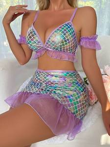 Conjunto de sujetador Sexy con patrón de sirena colorido, Falda corta Sexy, conjunto de ropa interior divertida y extraña para Halloween para mujer - Product Image 4