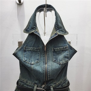 Mono de Mezclilla sin Mangas con Cuello <span class=keywords><strong>Polo</strong></span> y Espalda Descubierta para <span class=keywords><strong>Mujer</strong></span>, Estilo Veraniego, con Cinturón, Ropa de Calle a la Moda - Product Image 3